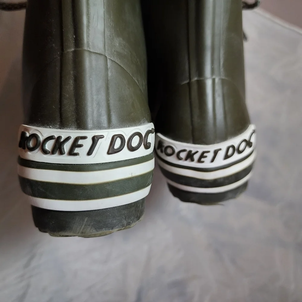 Rocket Dog Olive Green Grey Rubber Lace Up Rain Boots Women's Size 7 All Seasons